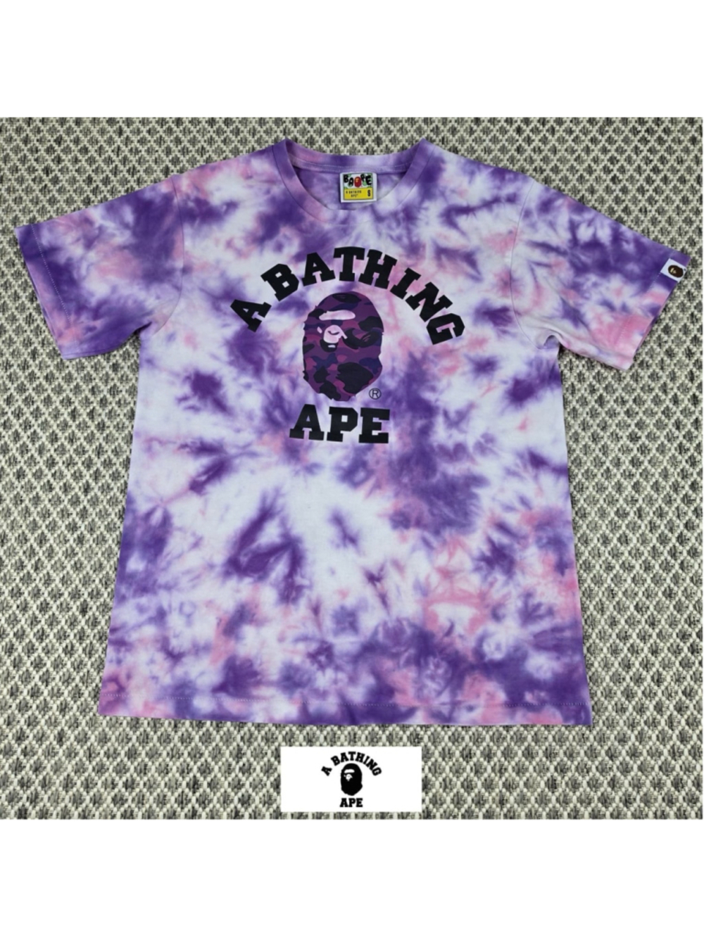 BAPE A Bathing Ape Purple Tie Dye College Logo Tee Size Small